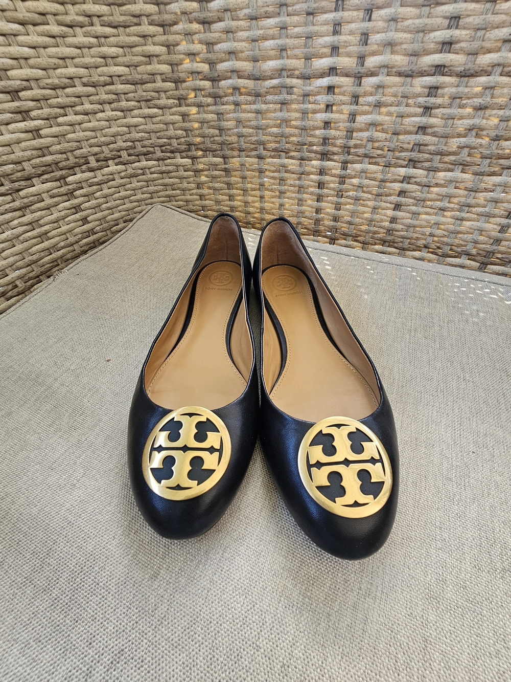 Tory Burch Black Leather Logo Ballet Flats